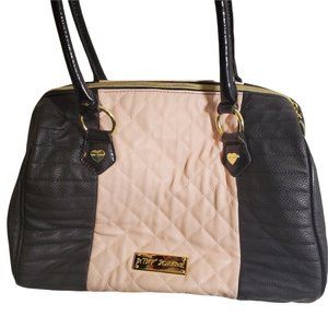 Betsey Johnson Faux Leather Handbag Pale Pink Black Gold Zippers And Trim